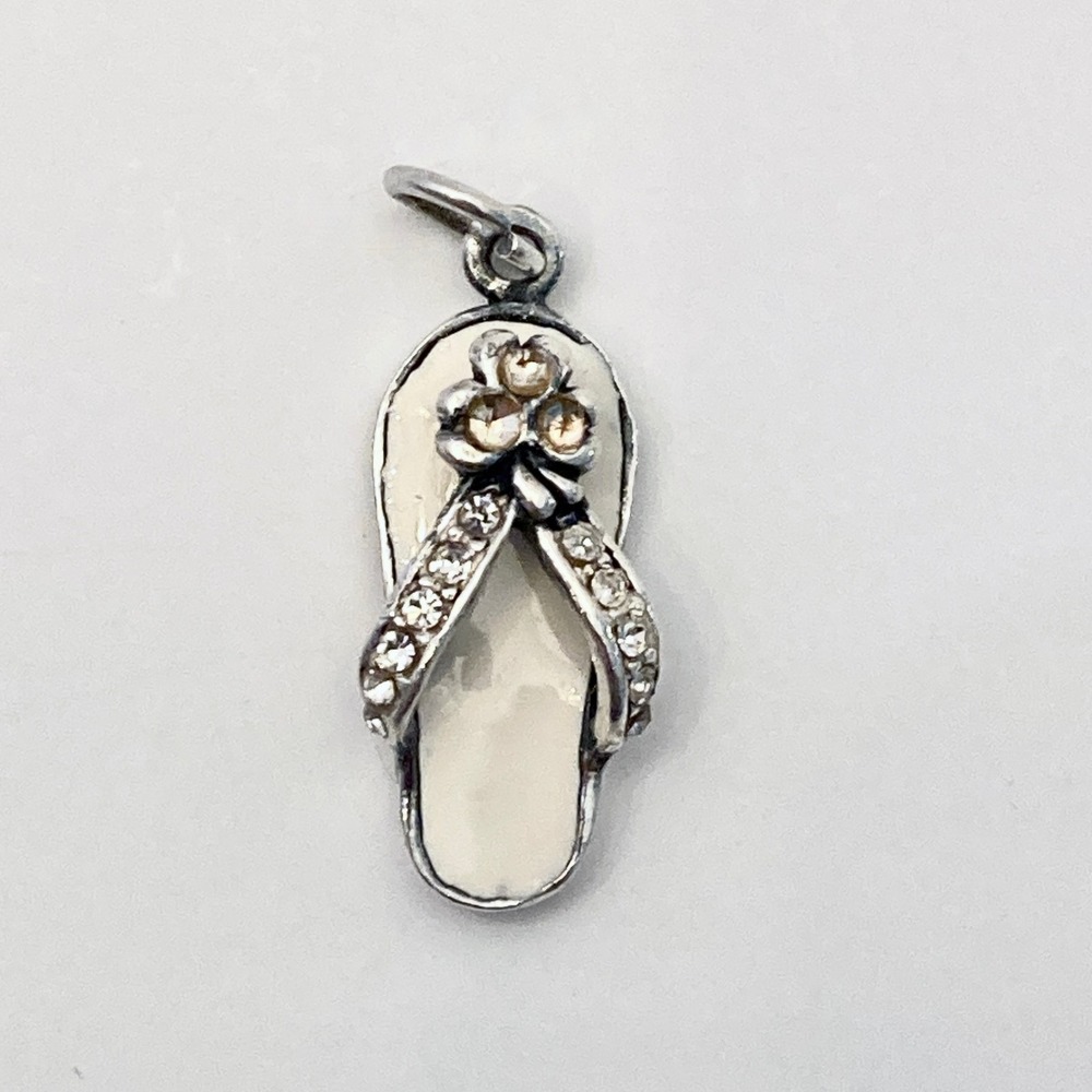 Solvar Sterling Silver & White Enamel .925 Flip Flop Charm‎ Rhinestone Flower